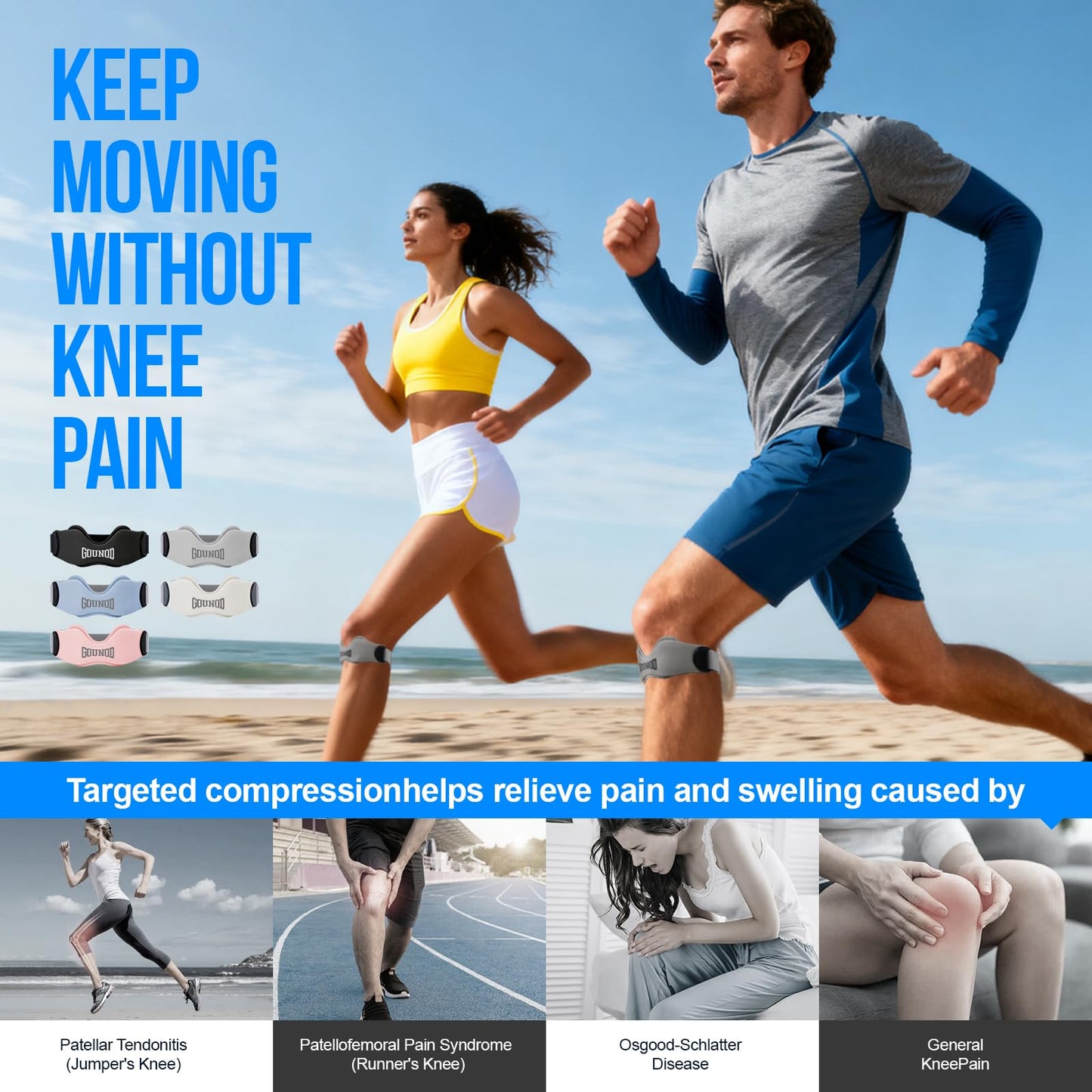 GOUNOD Patellar Tendon Support Strap 2 Pack,Silicone Knee Strap for Knee Pain Relief,Patella Band for Basketball, Jumpers Knee, Tendonitis, Running, Hiking, Soccer, Osgood Schlatter（Grey）