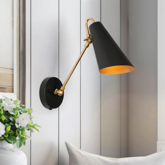 KSANA Swing Arm Wall Lamp, Black and Gold Plug in or Hardwired Wall Sconces, Modern Adjustable Arm Light Fixture with On/Off Switch for Bedroom, Kitchen, Hallway and Living Room