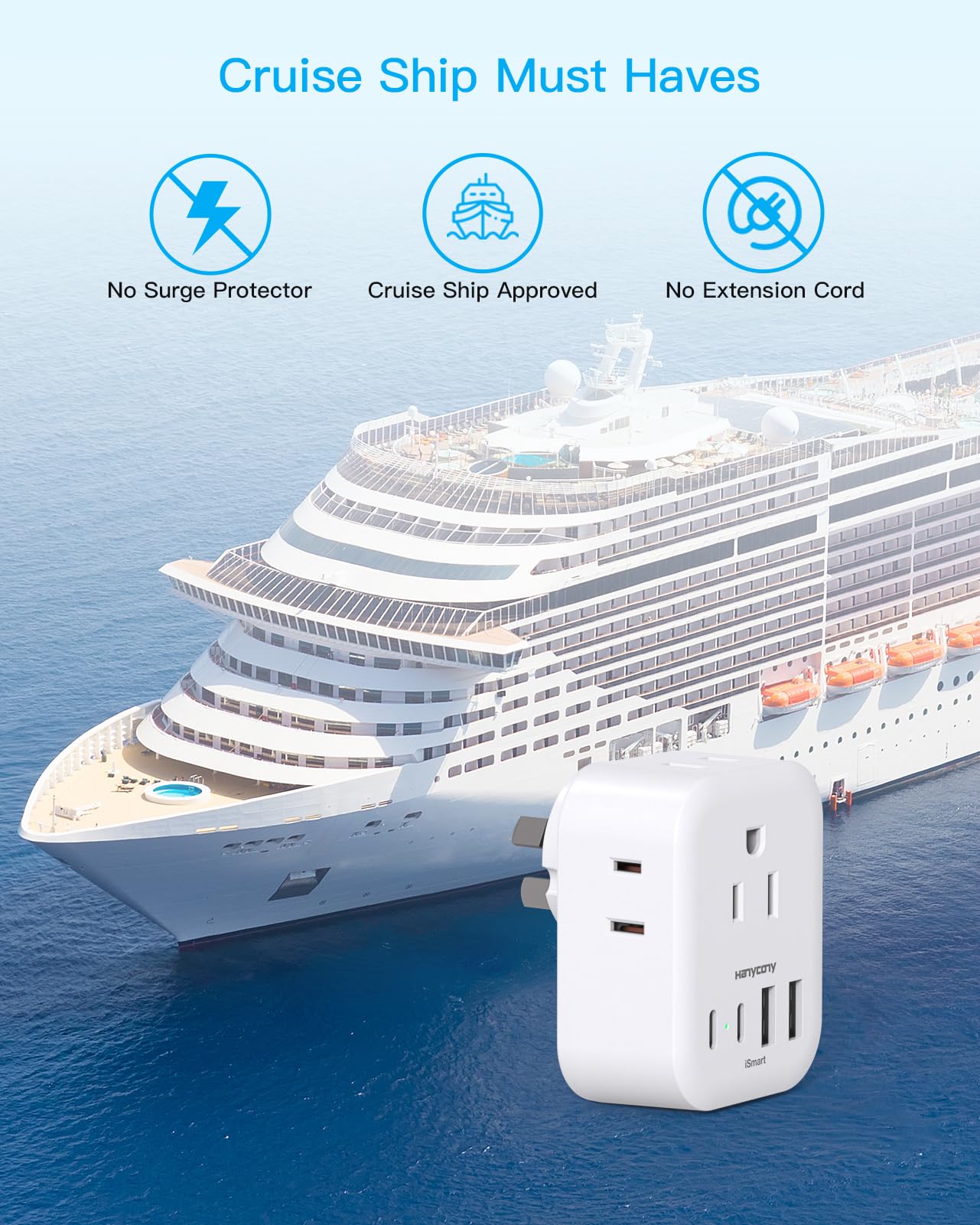 US to Australia Plug Adapter, HANYCONY New Zealand Power Adapter, Type I Plug Adapter with 4 Outlets 4 USB Ports(2 USB C) for USA to Australia AU China Argentina Fiji Cruise Travel Adapter Must Haves