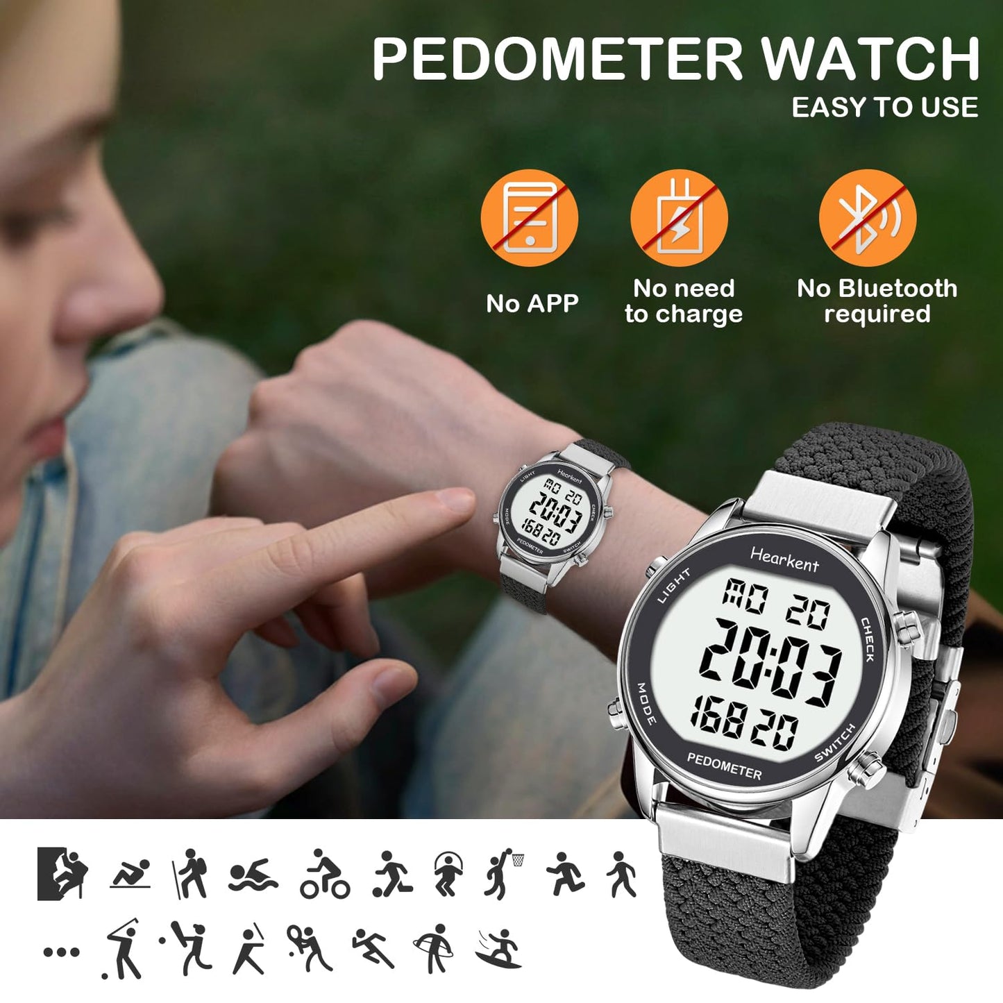 Hearkent Women Pedometer Watch-Step Tracker with Calories Counter-LCD Large Numbers-30M Waterproof-Pedometer Watch Step Counter for Walking(Black)