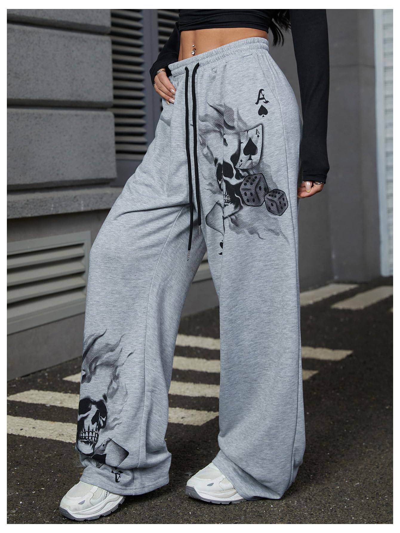 SOLY HUX Women's Y2k Sweatpants Drawstring Waist Wide Leg Gothic Grunge Pants Streetwear Grey Graphic Small