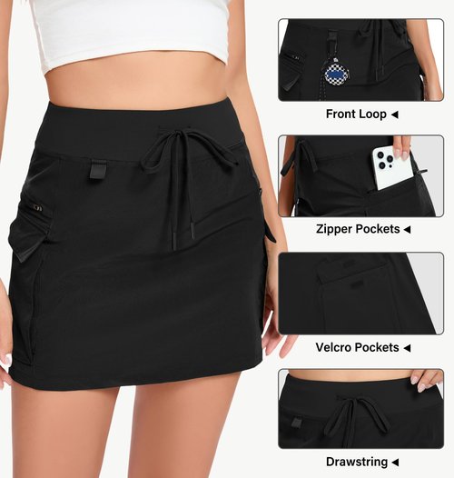 Womens Golf Skirt with Shorts Pockets Summer Quick Dry Skorts High Waisted Sports Pencil Cargo Skorts Black
