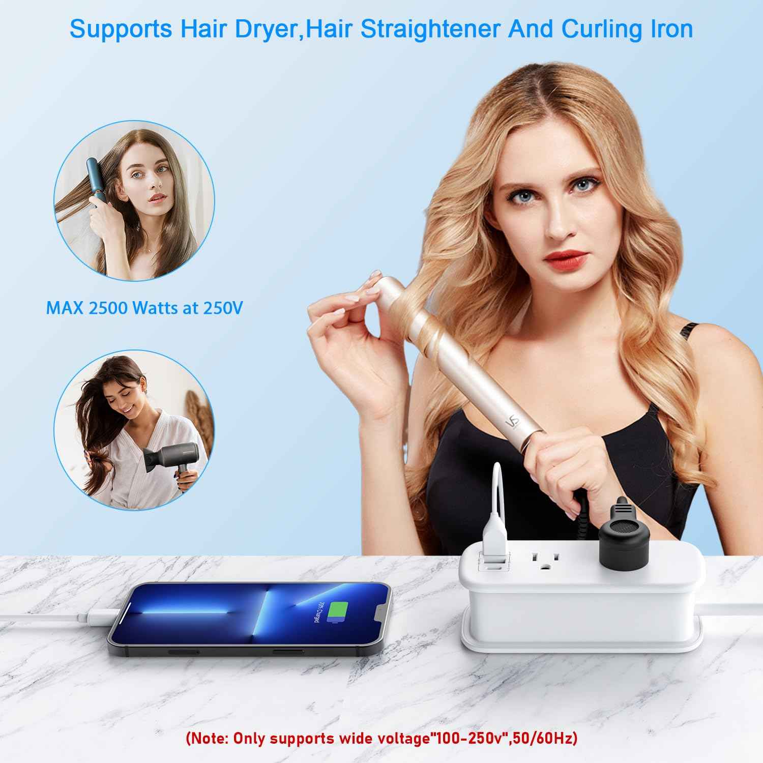 SAUNORCH Universal Travel Adapter Power Strip: 2 AC Outlets, 3 USB Ports, 6ft Cord - US to EU/UK/AU/China Worldwide Converter