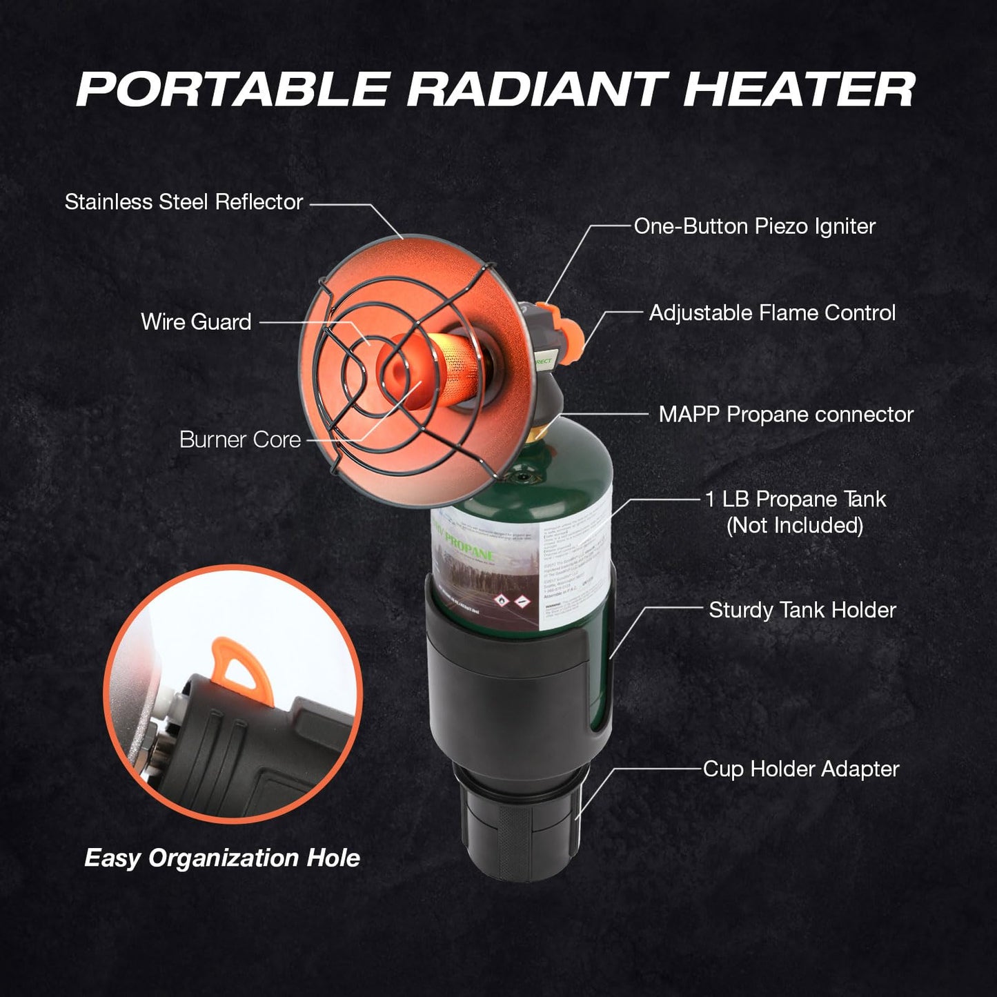 WishDirect Golf Cart Heater with Expandable Cup Holder Adapter, 3400BTU Golf Cart Propane Warmer with One-Button Igniter and Adjustable Temperature Control (Propane Tank Not Included)