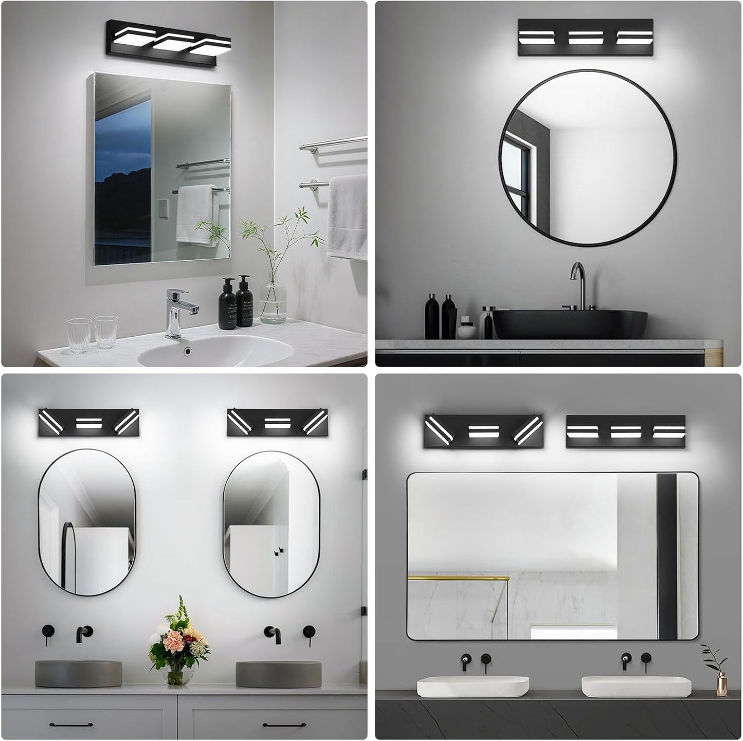 3-Light Modern LED Bathroom Vanity Light Fixture - Black Metal & Acrylic, 16-inch Over Mirror Lighting