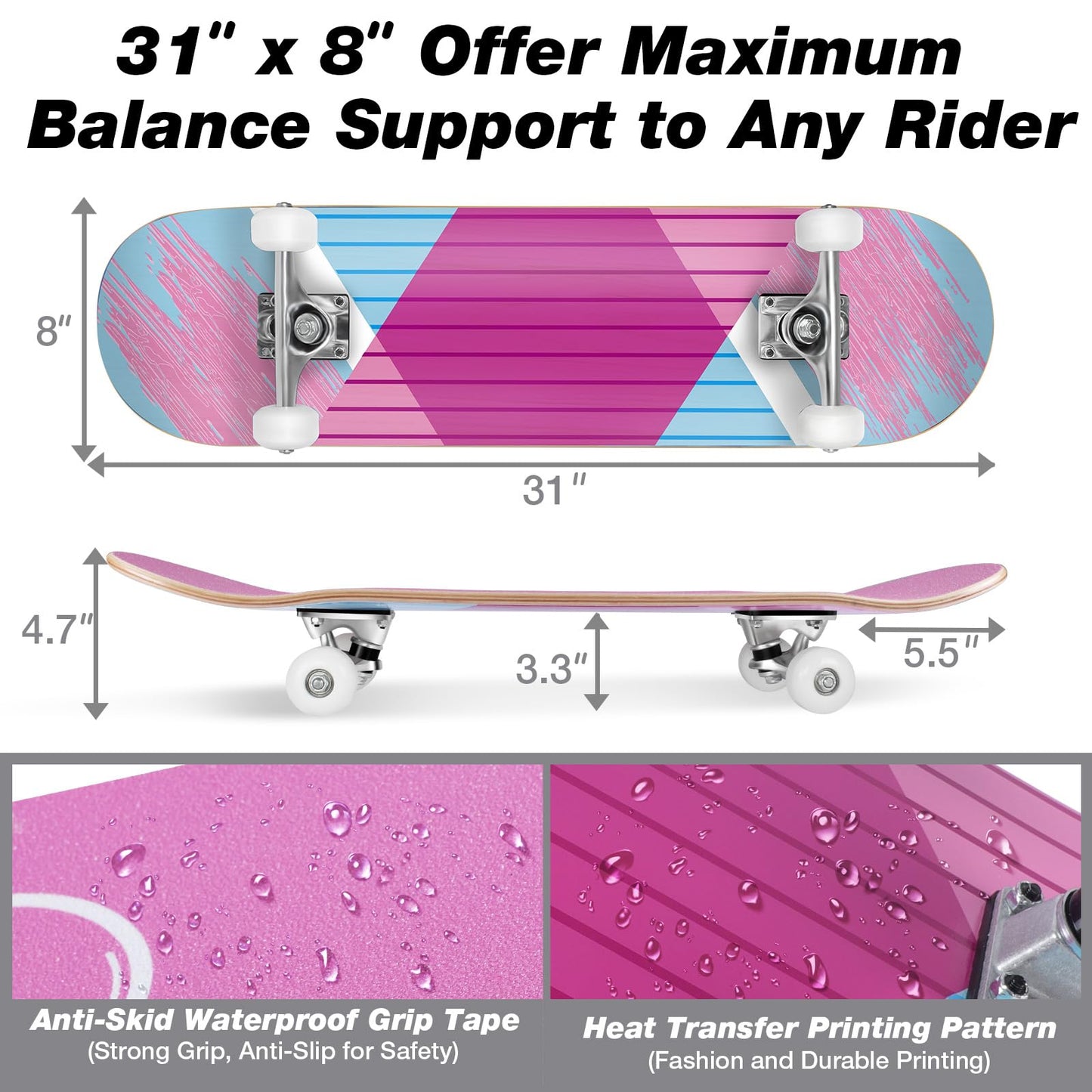 BELEEV Skateboards for Beginners, 31 x 8 inch Complete Skateboard for Kids Teens Adults, 7 Layer Canadian Maple Double Kick Deck Concave Cruiser Skateboard with Skate T-Tool(Light Pink)
