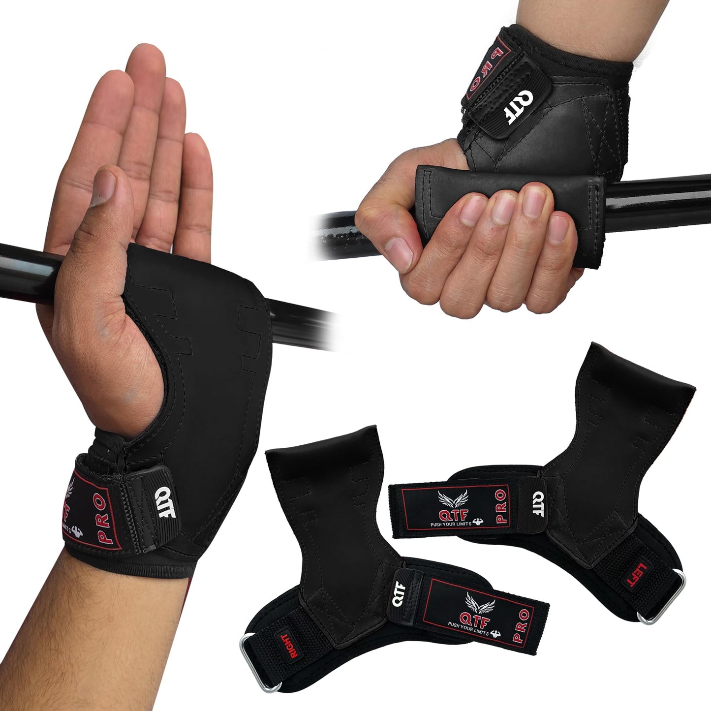 QTF Weight Lifting Grips (Pair) for Heavy Powerlifting, Wrist Straps for Deadlifts, Rows, Pull Ups, with Neoprene Padded Wrist Wraps Support and Strong Rubber Gloves or Straps for Bodybuilding. (Black, L)