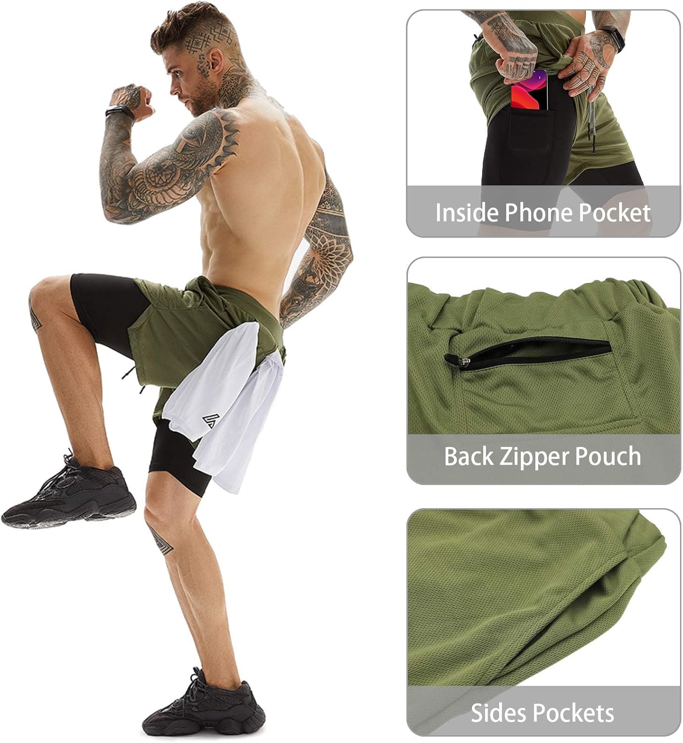 OEBLD Men's 2-in-1 Athletic Shorts - 7'' Gym & Running Shorts with Towel Loop