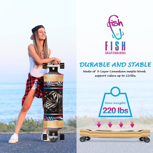 Long Board Skateboard for Adults Teenagers Kids Ages 6-12 Adults Men Women Complete Skateboard Cruiser for Cruising Carving Free-Style and Downhill 41 Includes High-Speed Bearings & T-Tool