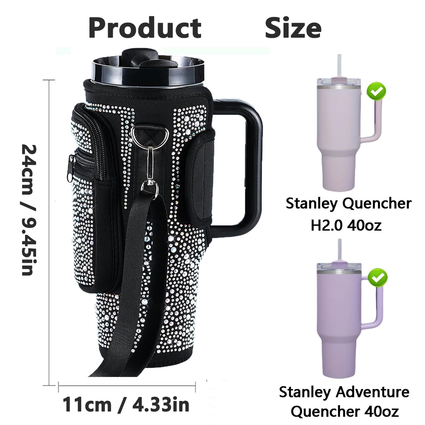Bling Water Bottle Holder with Adjustable Strap & Straw Cover for Stanley Cup 40 oz Tumbler with Handle, Water Bottle Carrier Bag with Phone Pocket & Carabiner for Stanley Cup Accessories (Black)