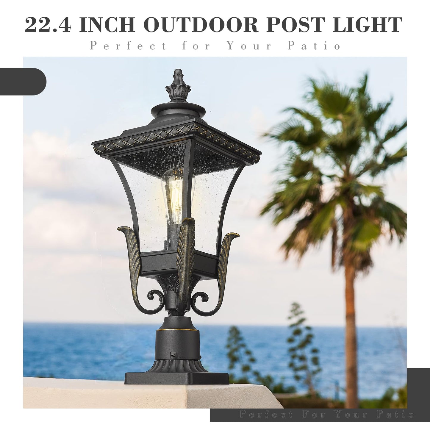 Emliviar 22.4 Inch Farmhouse Outdoor Post Light, 1-Light Exterior Pillar Lamp for House Patio, Die-Cast Aluminum with Seeded Glass, XE291PM BG