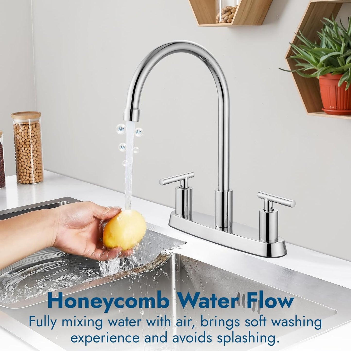 Brushed Nickel Kitchen Faucet with 360° Rotating Spout & Side Sprayer - 2 Handle, 8 Inch Centerset