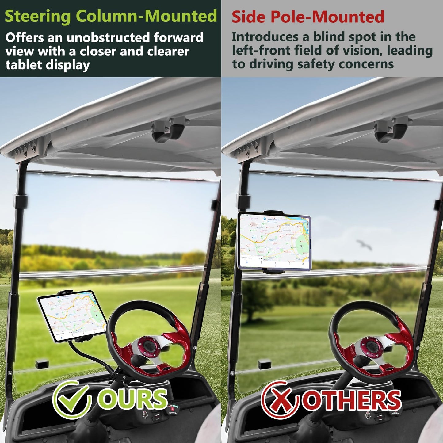 Urgown Golf Cart Tablet Phone Holder with Extended Arm, Steering Column-Mounted Tablet/Phone Mount, Length Adjustable/360° Rotatable, Universal Compatible with 4-13'' Devices, Round Clip