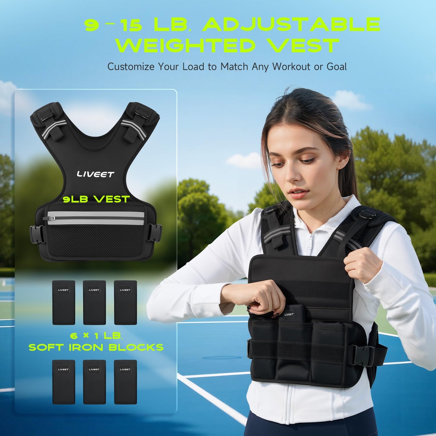 LIVEET Weighted Vest, 9-15lb/11-20lb/20-32lb Silicone Soft Iron Adjustable Weight Vest for Women Men with 6 Removable Blocks, Shoulder & Waist Adjustable Workout Vest for Training Walking Yoga