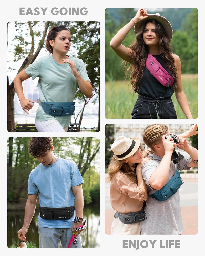 WATERFLY Small Crossbody Fanny Pack: 5 Pocket Slim Lightweight Waist Belt Hip Bag for Women Men Water Resistant Chest Pouch for Travel Hiking Running Walking Fit All Phones - Black