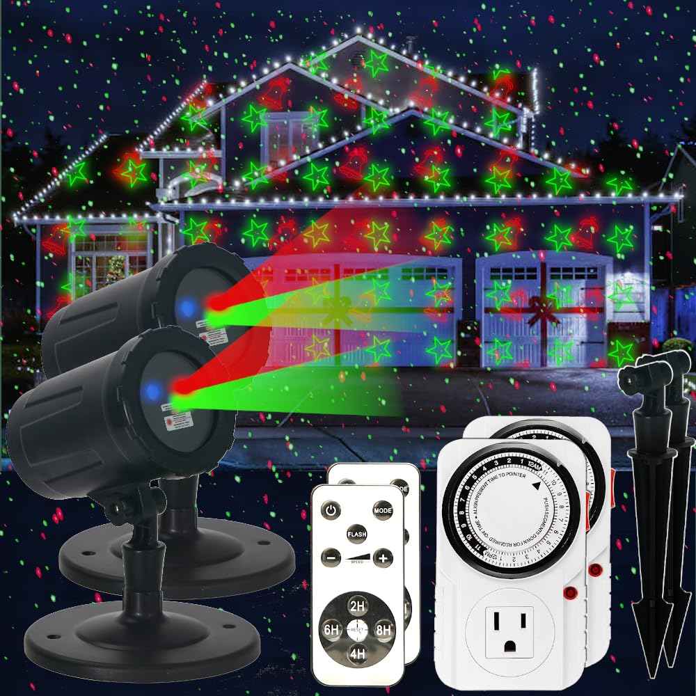 Christmas Projector Laser Lights Outdoor - Outlet Timer and Remote Included - 18 Patterns - Red and Green