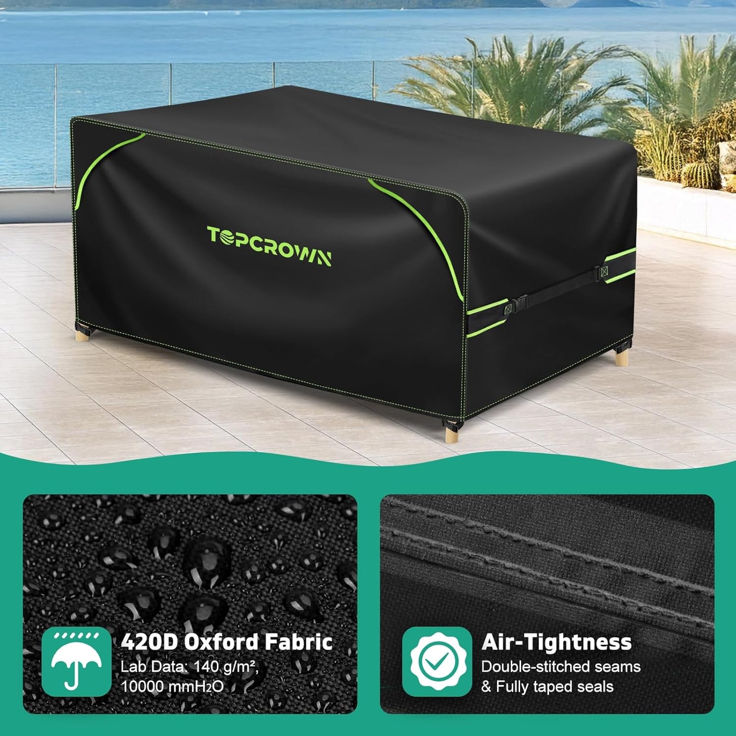 Topcrown Patio Furniture Covers - Waterproof Anti-UV Oxford Fabric | Rectangular 74"L x 47"W x 28"H (Black & Green)
