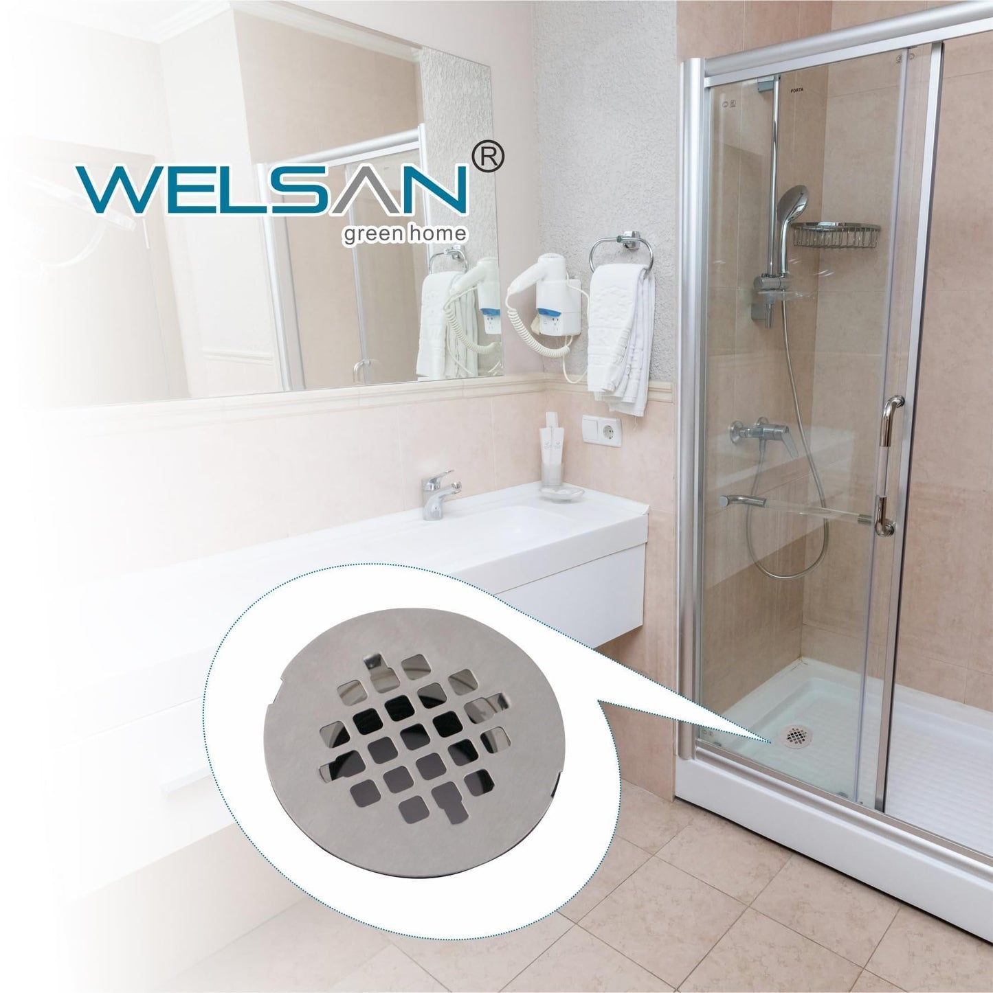 Brushed No Caulk Shower Drain, Welsan PVC Compression Shower Floor Drain with 4-1/4" Stainless Steel Round Grid Strainer Cover, Brushed Nickel