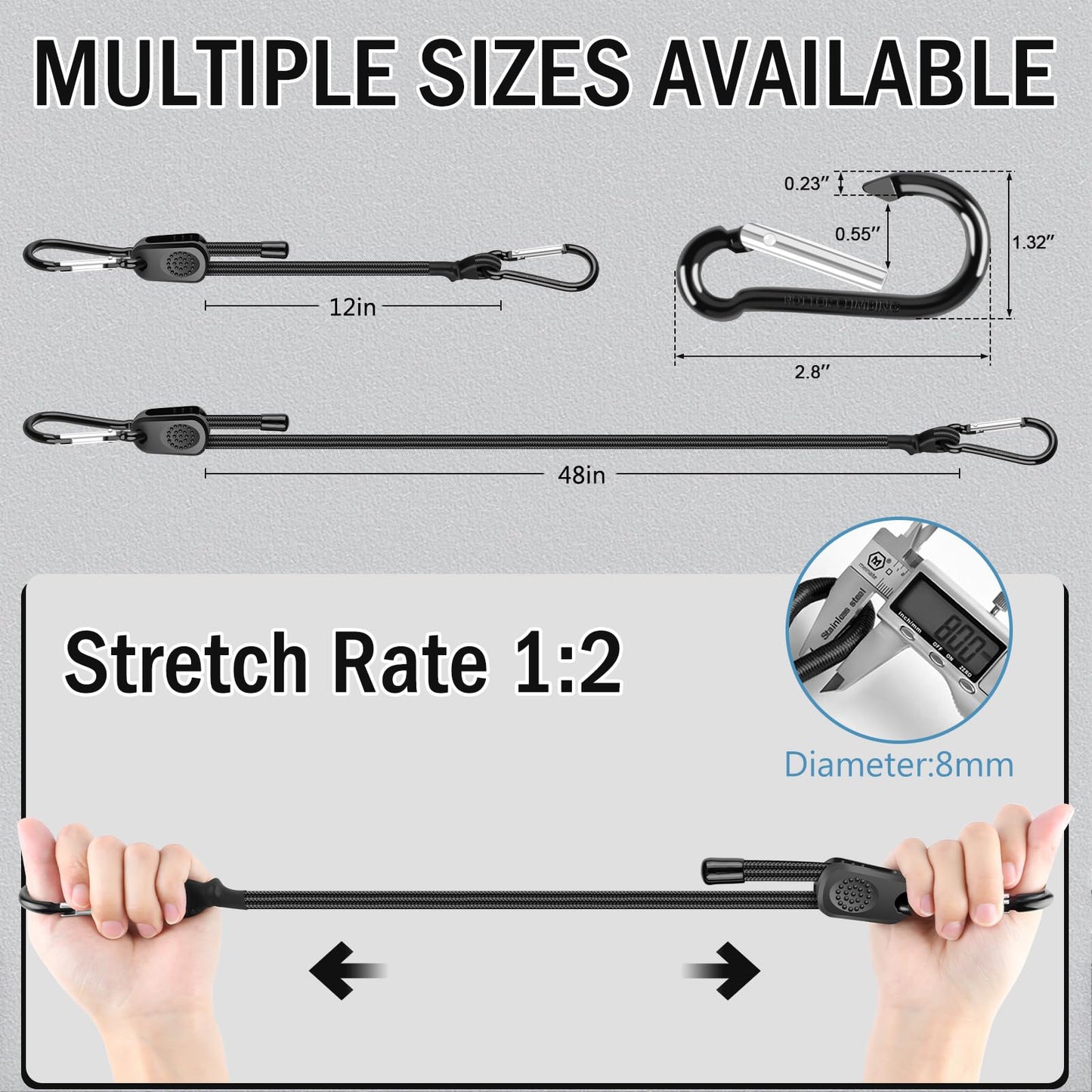 Kinzomor Adjustable Bungee Cords with Hooks 12 Inch, 4 Pcs Adjust from 7" to 12" Carabiner Bungee Cords Heavy Duty Outdoor for Camping, Cargo, Bike,Tarps, Tents, Bike, Luggage, Boats,etc