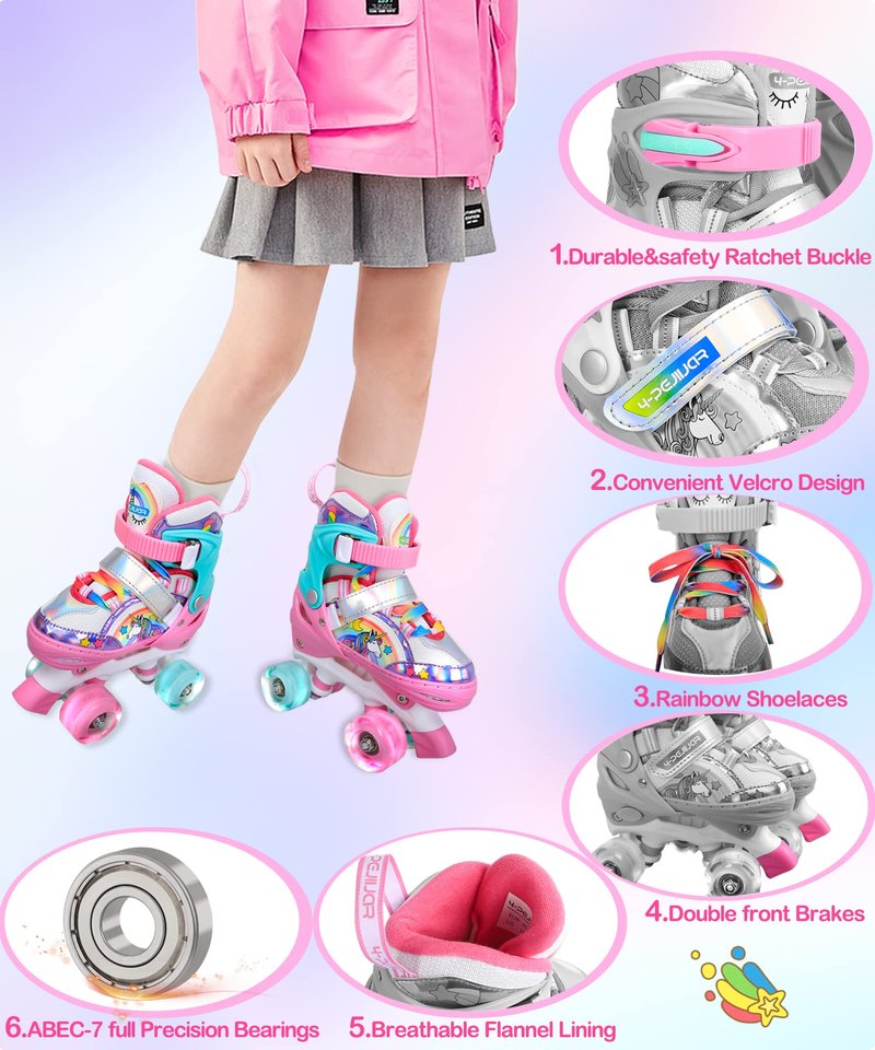 Rainbow Unicorn Kids Roller Skates for Girls Boys Toddler Ages 5-8,4-Pejiijar Adjustable Roller Shoes with Luminous Wheels for Birthday Xmas Gifts.