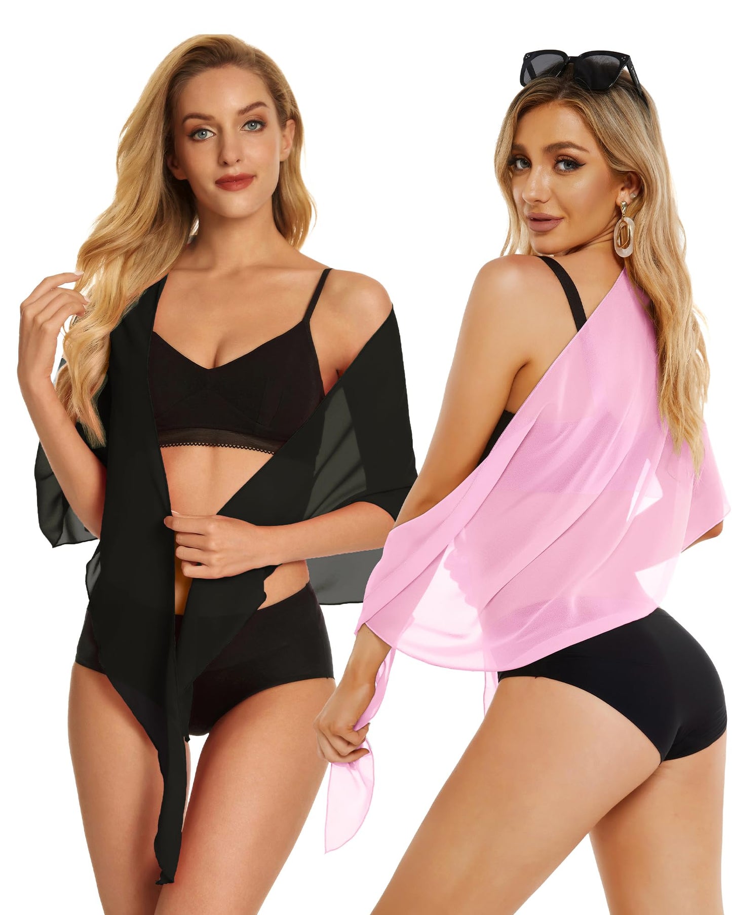 2 Pieces Sarong Cover Ups for Women Beach Bathing Suit Wrap Sheer Short Skirt Bikini Chiffon Scarf for Swimwear (Black and Pink)