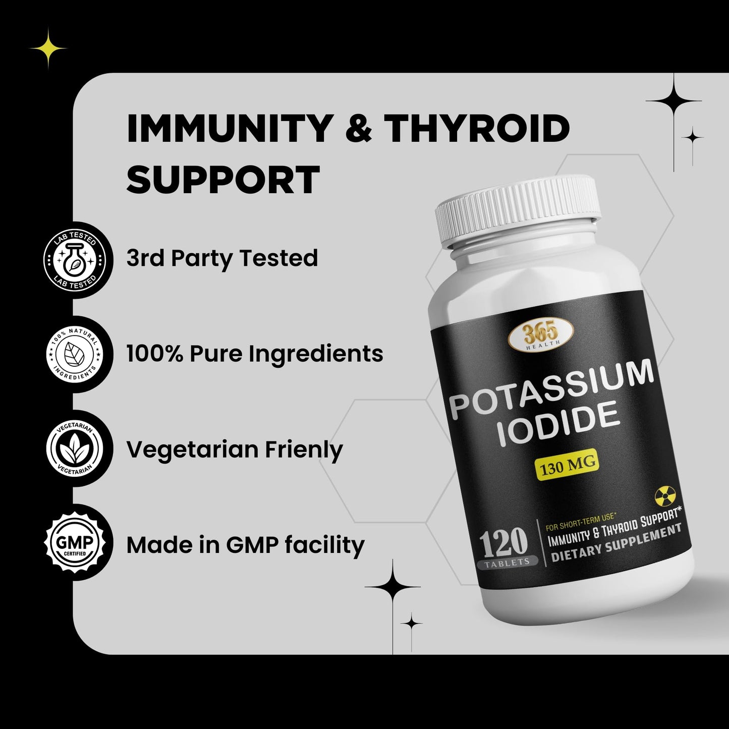 Potassium Iodide130 mg - KI Tablets- Potassium130 mg - USA Made Potassium Iodine Pills YODO Naciente, Yoduro de potasio - 120 Tablets