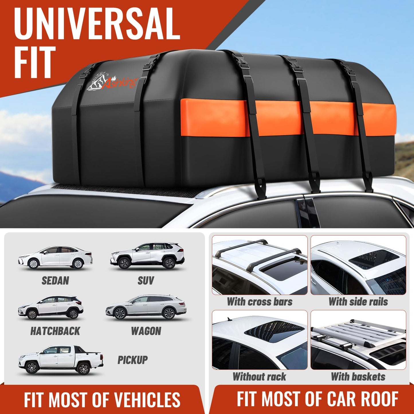 Asinking Car Rooftop Cargo Carrier Bag, 20 Cubic Feet Waterproof Heavy Duty Car Roof Bag for All Vehicle with/Without Racks - Anti-Slip Mat, 6 Door Hooks, Storage Bag, 2 Extra Straps, Luggage Lock