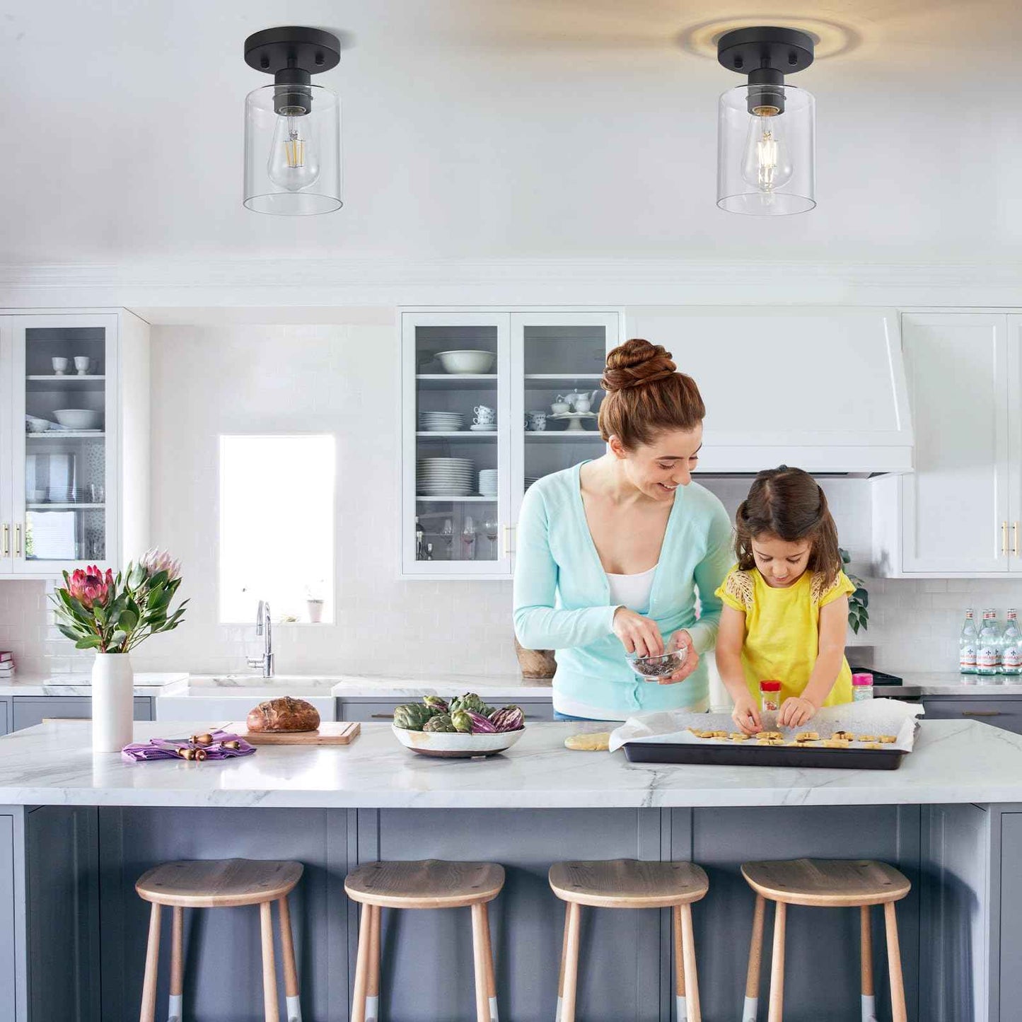 YYT 1 Light Semi Flush Mount Ceiling Light Black Kitchen Lighting Fixtures Ceiling Hallway Light Fixtures Small Cieling Lights with Clear Glass Shade Set of 1