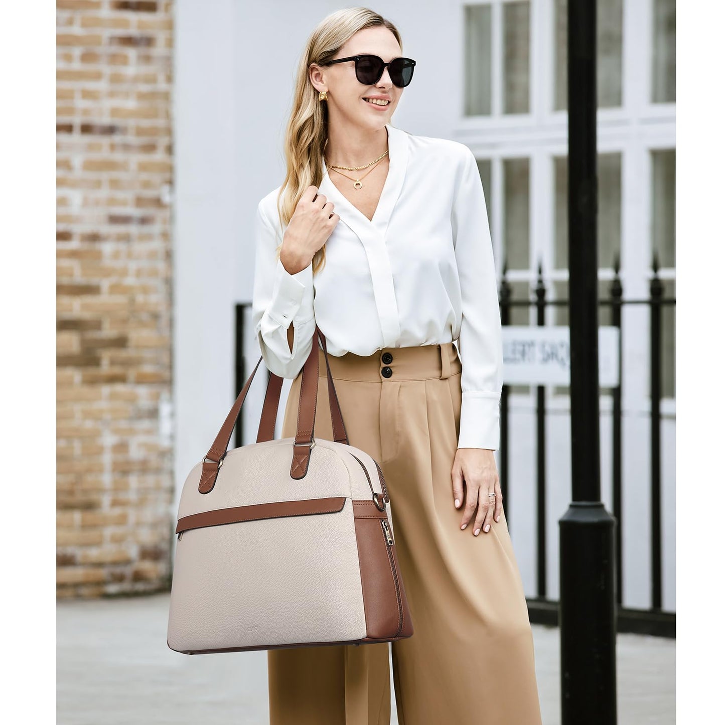 CLUCI Weekender Bag for Women Leather Large Overnight Travel Duffel Bag with Shoe Compartment Beige with Brown