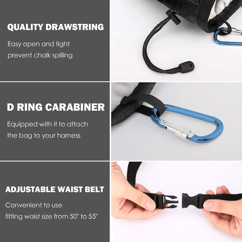MoKo Chalk Bag, Drawstring Rock Climbing Bag Bouldering Chalk Pot Bucket with Adjustable Belt & Zippered Pockets and Carabiner for Rock Climbing Weight Lifting Gymnastics Crossfit - Black