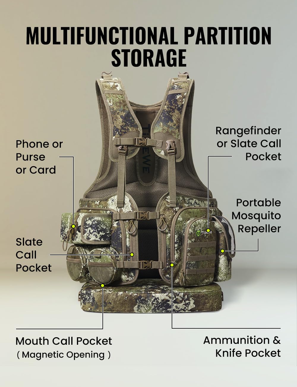 TIDEWE Vest with Seat, Vest with Game Pouch & Kickstand(Truetimber Strata)