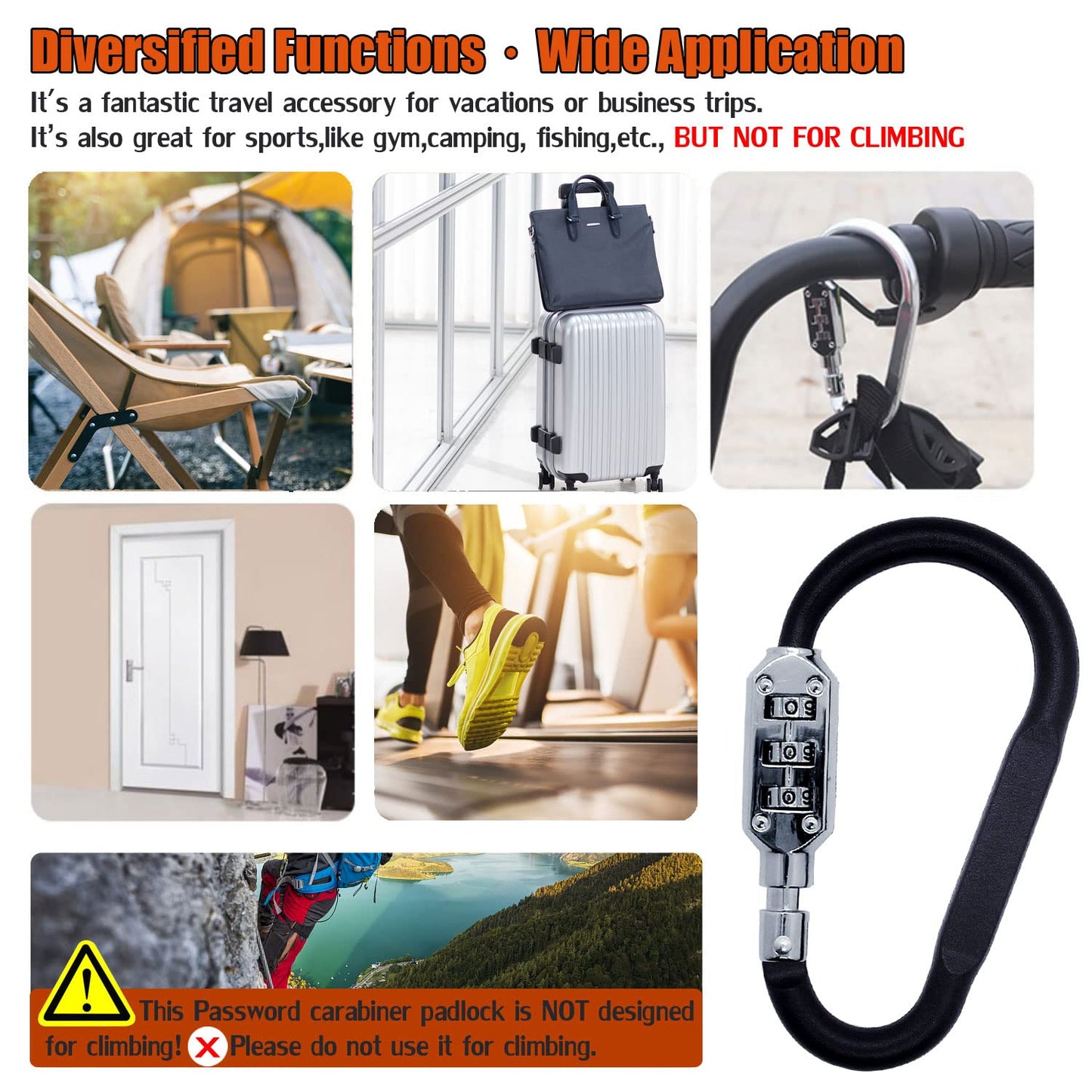 Combination Carabiner Clips,V-Resourcing Resettable 3 Dial Digit Combination Lock Carabiner Keychain,for Suitcase Luggage Travel Baggage Backpack (D Shaped, Large Size, Black, 2 Pack)