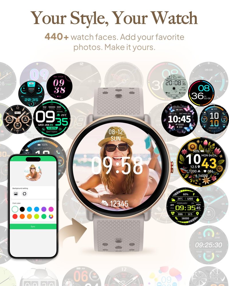 TitanSync Smart Watch for Women Men, for Android iOS with Sleep & Calorie Monitor, Pedometer Fitness Tracker, Bluetooth Call, IP68 Waterproof, 112+ Sport Modes Round Face Smartwatch (Gold-Gray)
