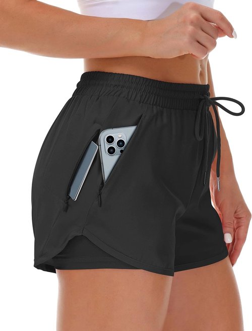 Mancreda Women's Running Shorts - Elastic Workout Shorts with 3 Zipper Pockets | Gym & Yoga
