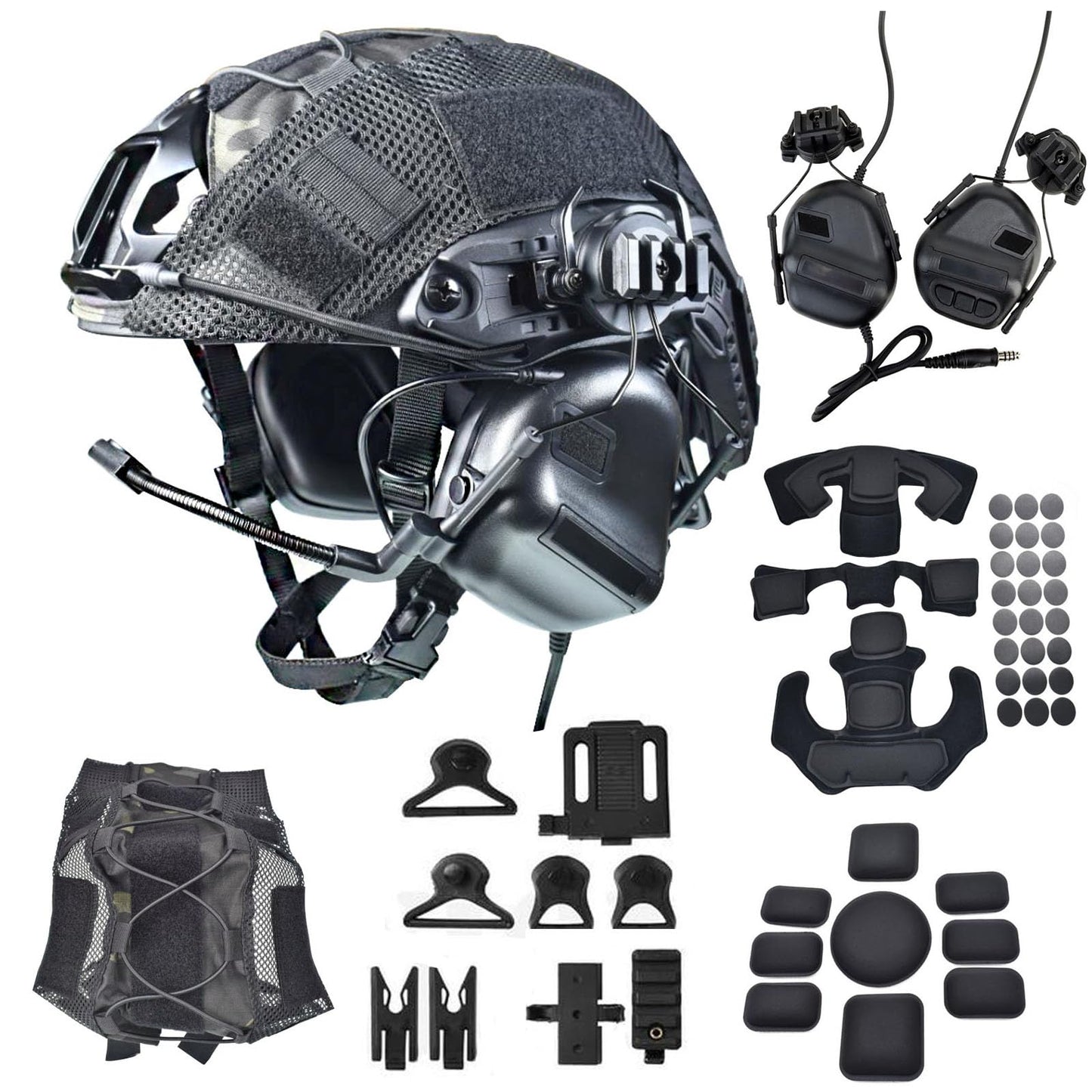 Airsoft Fast Helmet Set Tactical Paintball Helmet with Military Headset and Helmet Cover Memory Foam Protective Pad Adjustable Size for Adult and Teenager (Black)