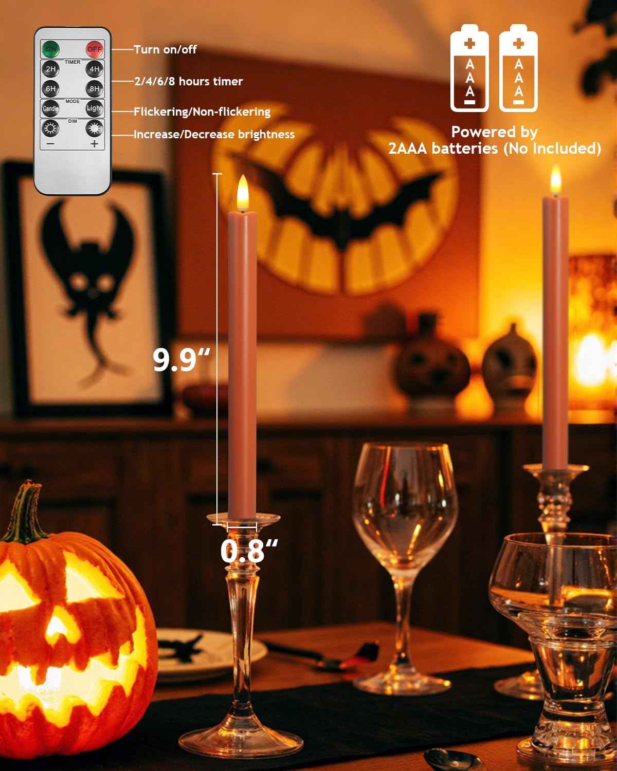 SUNGEGE Orange Flameless Taper Candles, 6 Pack, 0.78 x 9.9 Inches, LED Flickering with 2 Remotes, Battery Operated for Halloween, Fall, and Thanksgiving Decorations