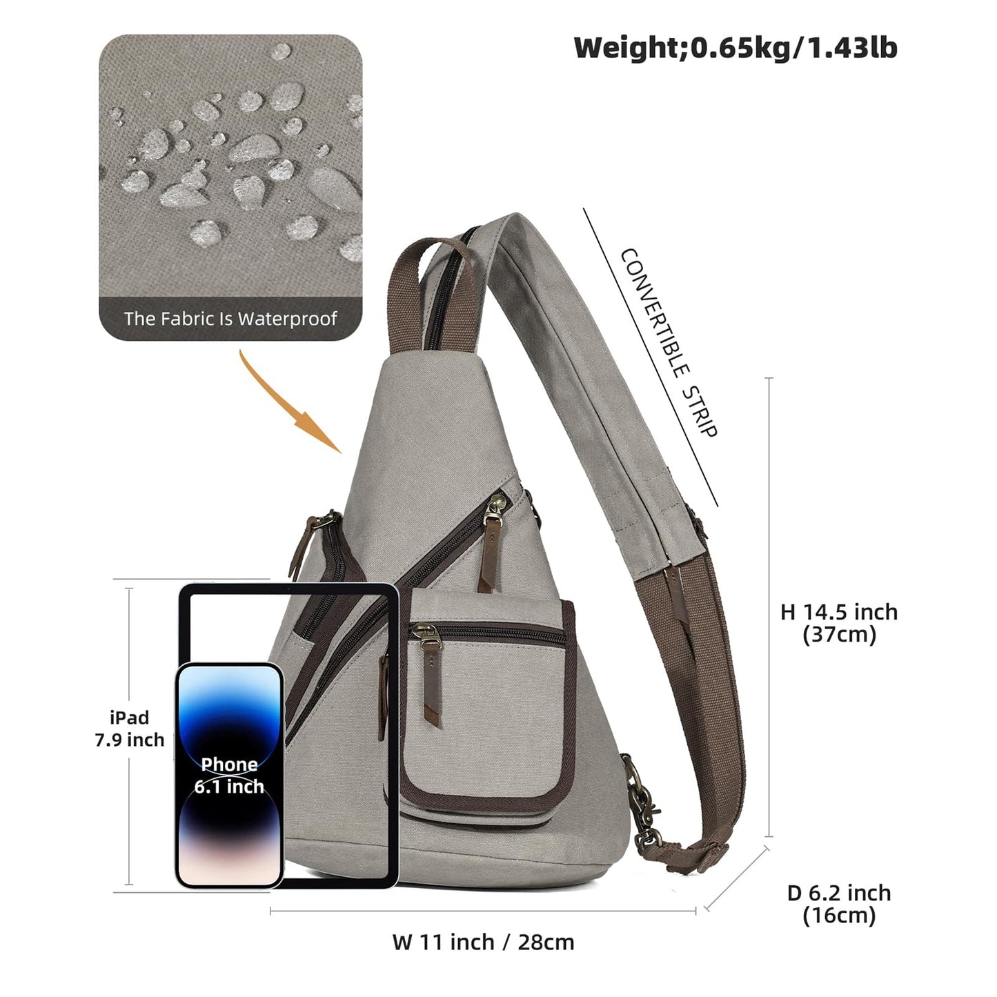 KL928 Canvas Sling Bag - Casual Crossbody Shoulder Daypack Rucksack Backpack for Men Women, Leaden