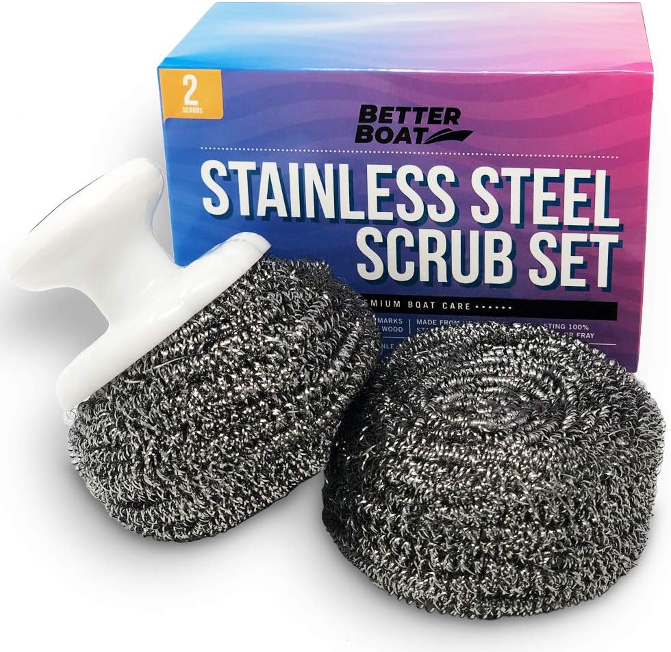 Regine Stainless Steel Scrubber Set - Heavy Duty Marine Grade Steel Wool Pads with Brush Handle for Kitchen & Outdoor Cleaning