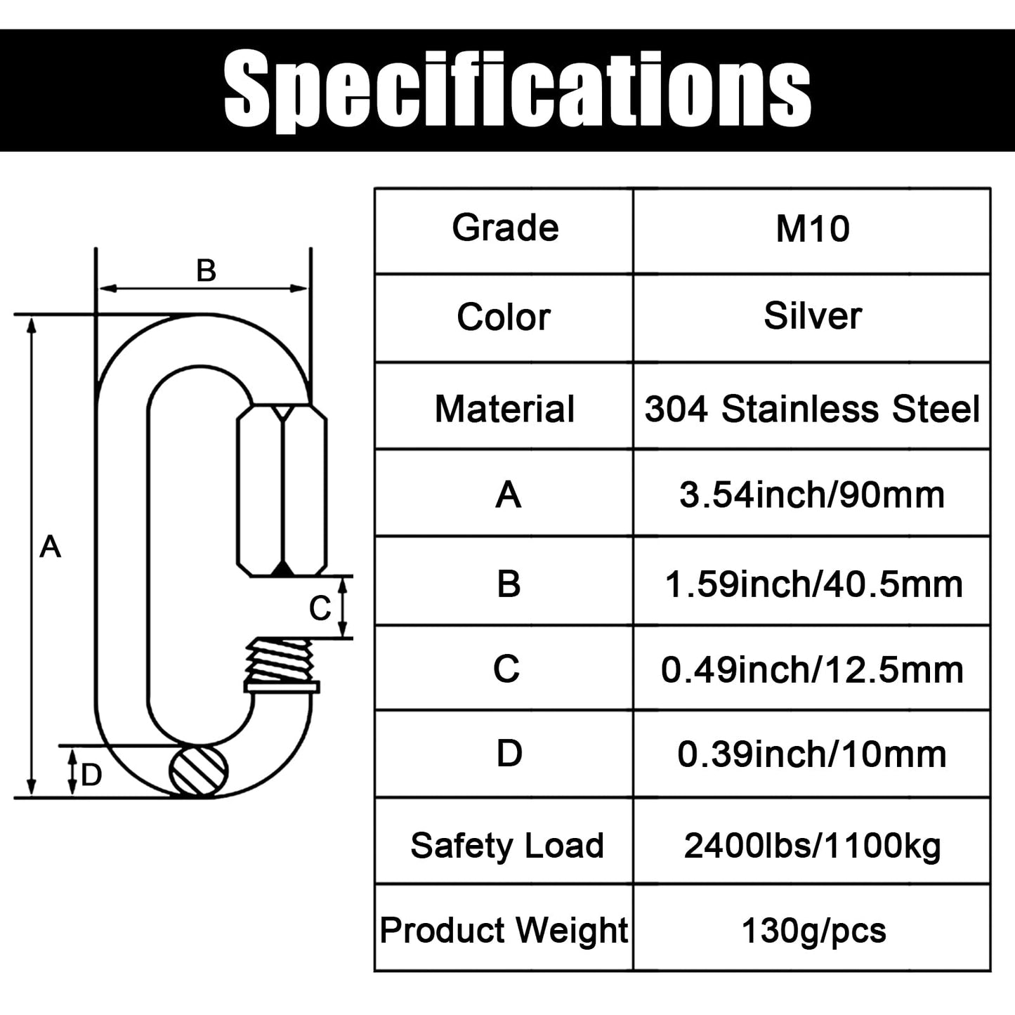 Anvin 2 Pack Large Quick Links M10 3/8 Inch Heavy Duty Carabiner Stainless Steel Chain Links Connector D Shape Locking Chain Hooks Repair Utility Screw Links for Camping Outdoor Equipment Hammocks