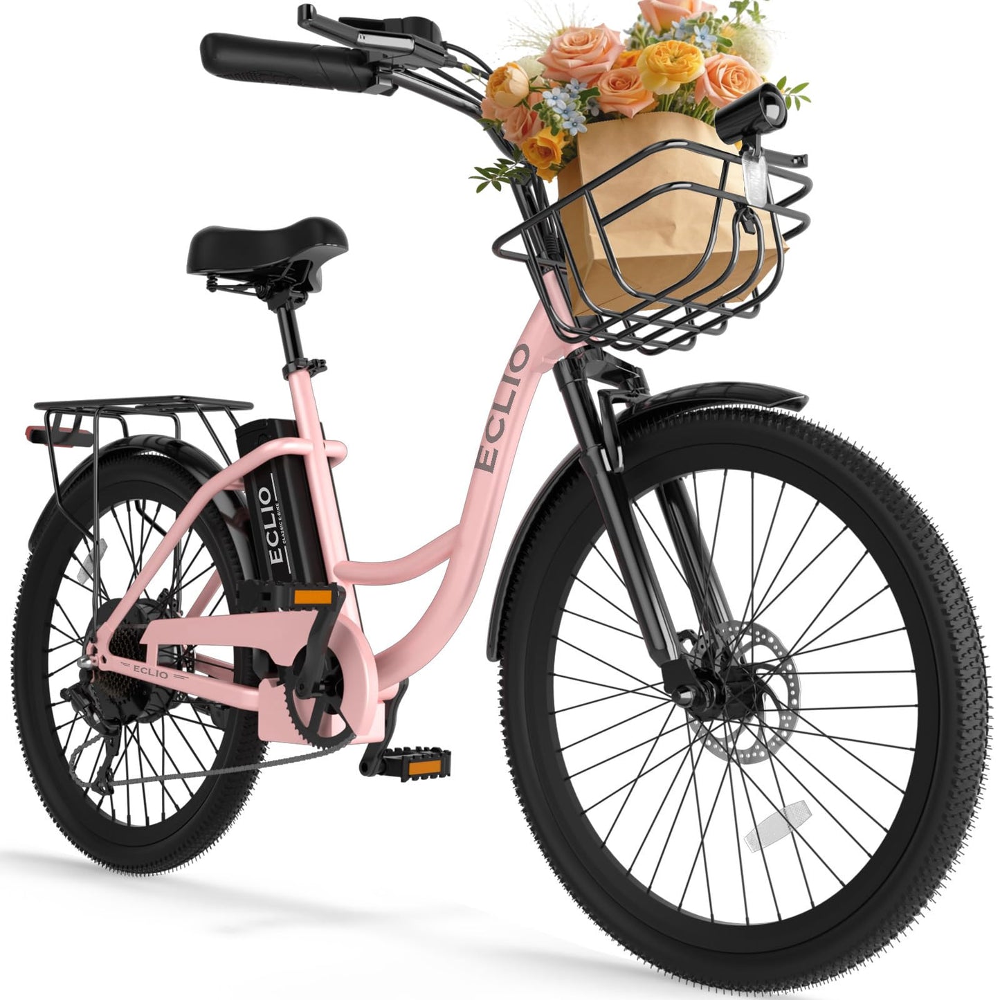 24'' Electric Bike for Adults, Peak 1000W Motor 28MPH, 48V 13Ah Removable Battery 75Miles, Step Through City Cruiser Ebike, Commuter E-Bike with 7-Speed and Front Basket, UL 2849 Certified (Pink)