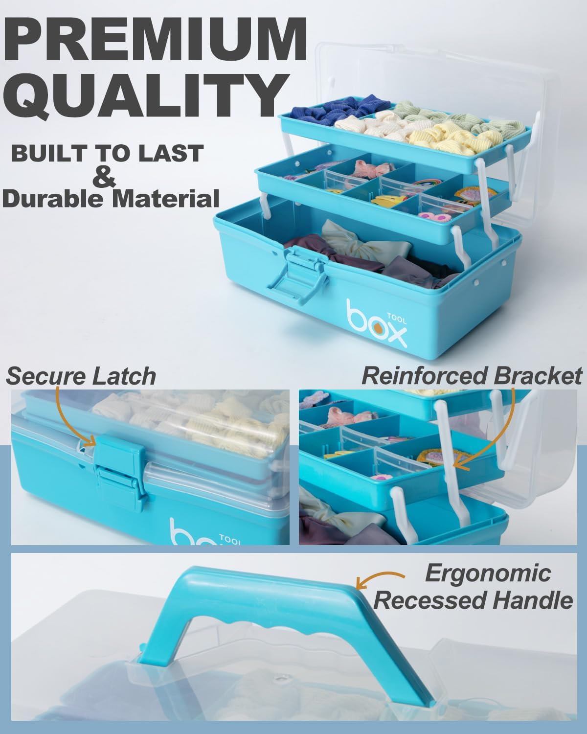 Skiennix 12-Inch 3-Layer Craft Organizer - Portable Folding Tackle Box with Adjustable Dividers | Blue