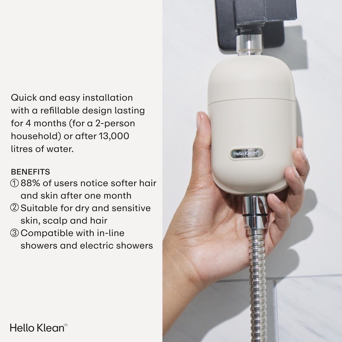 Hello Klean Shower Filter in Beige - Filter Unwanted Metals, Chlorine & Impurities Found in Shower Water - Improves Quality of Skin & Hair - Quick Easy Install For In-Line & Electric Shower