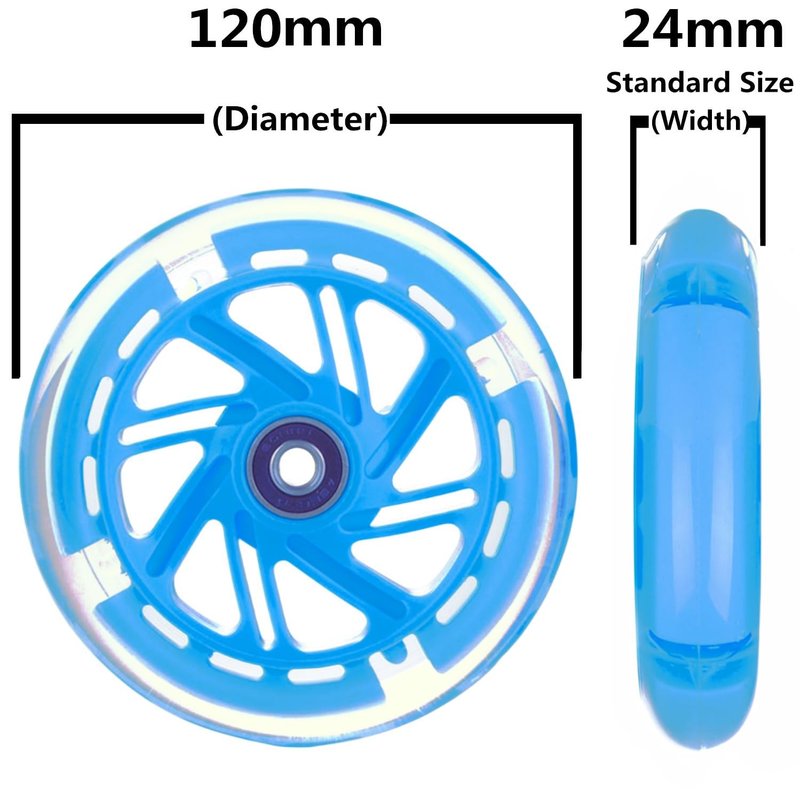 AOWISH 120mm Light-up Scooter Wheels Pair 120mm X 24mm Scooters LED Flash Front Wheels Replacement w/Bearings ABEC-9 for Micro Kickboard, 3-Wheeled Push Scooters (Blue)