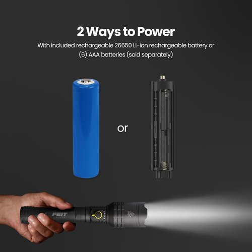 Feit Electric Flex Power Flashlight, 7000 Lumens Ultra-Bright LED, Rechargeable & AA Battery Compatible, Aircraft-Grade Aluminum, USB-C Charging, 3 Light Modes, Wet Rated Emergency Light, FLR7000/FLEX
