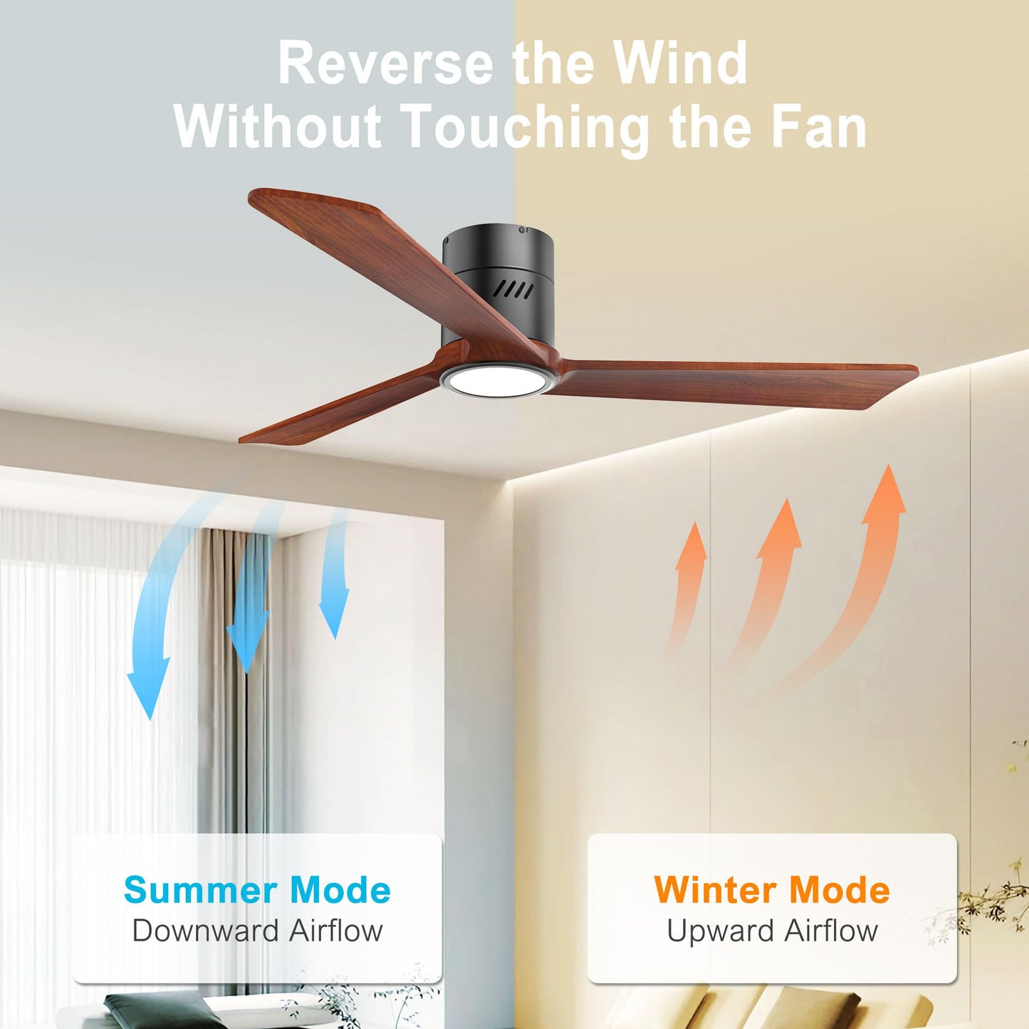 DAMINY Natural Solid Wood 52 inch Ceiling Fan with Light,3 Blades,6CCT,Black Low Profile Ceiling Fan with Light and Remote Control,APP Control,Flush Mount
