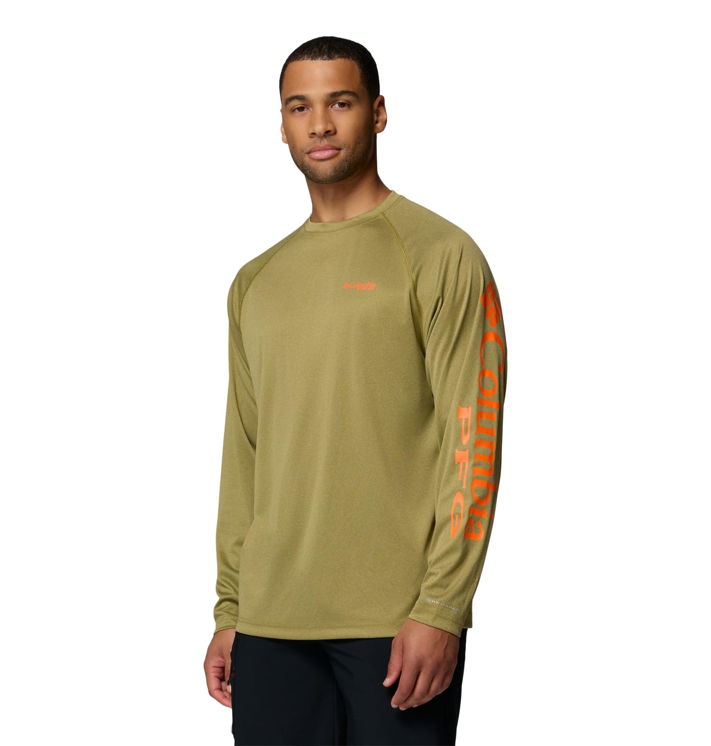 Columbia Men's PFG Terminal Tackle Long Sleeve Fishing Shirt, Grove Green Heather/Spark Orange Logo, 2X Tall