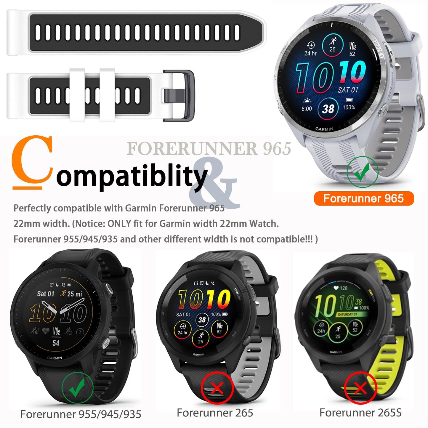 Miimall Compatible for Forerunner 965 Band, 22mm Adjustable Soft Silicone Replacement Sport Watch Wristband Strap for Garmin Forerunner 965/965 Solar 955/945/935, Instinct Accessories (Green+Black)