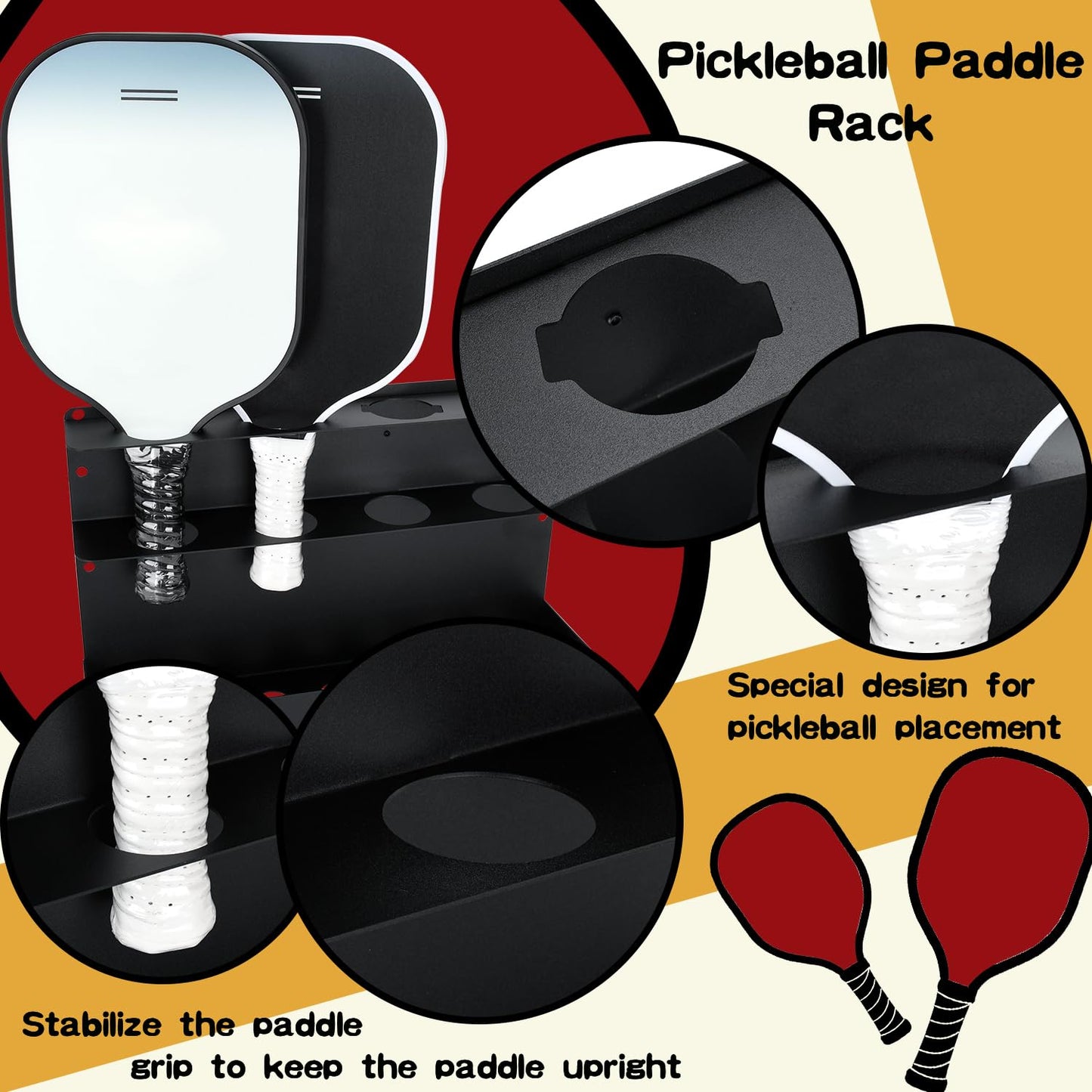 TOPOWN Pickleball Paddle & Ball Rack - Heavy-Duty Steel, Holds 4 Paddles & 4 Balls, Fence & Wall Mount