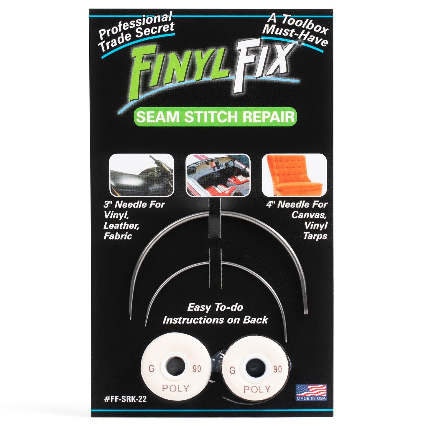 Finyl Fix Seam Stitch Repair Kit | Restore Seam Damage on Vinyl, Fabric, Leather, Heavy Canvas on Car/Boat Seats, Furniture, Clothes | Vinyl Repair Kit, Sewing Kit with Black & White Thread