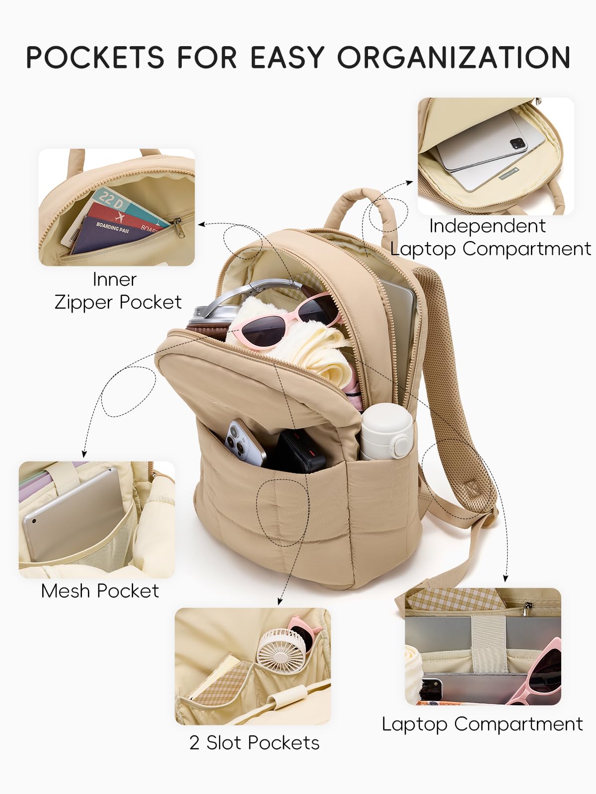 WESTBRONCO Puffer Laptop Backpack for Women Travel Backpack for Women Airplane Approved Backpack with 16'' Laptop Compartment